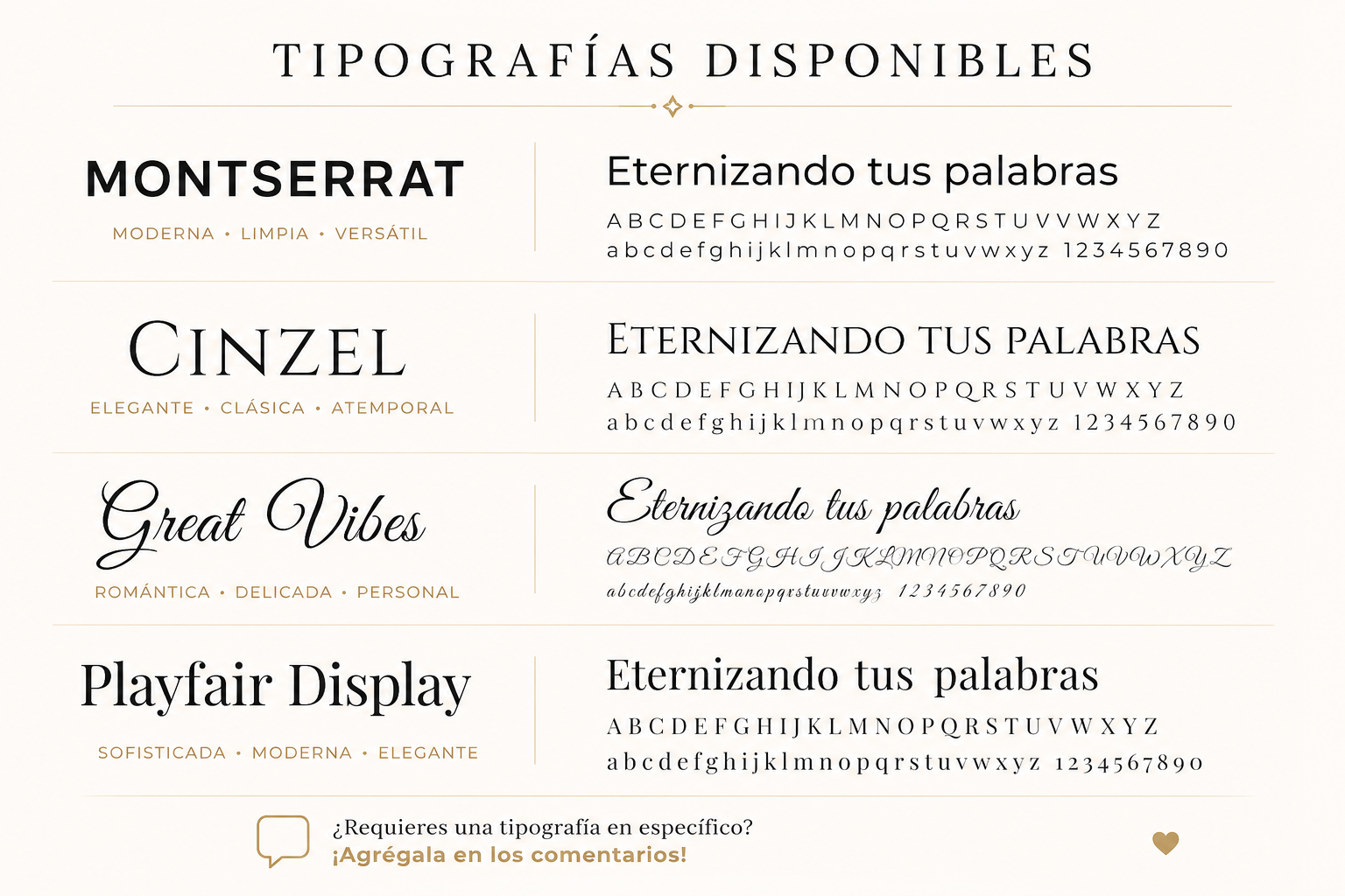 Tipografías disponibles: Montserrat, Cinzel, Great Vibes, Playfair Display