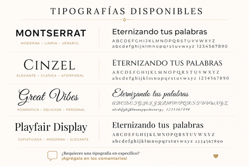 Tipografías disponibles: Montserrat, Cinzel, Great Vibes, Playfair Display